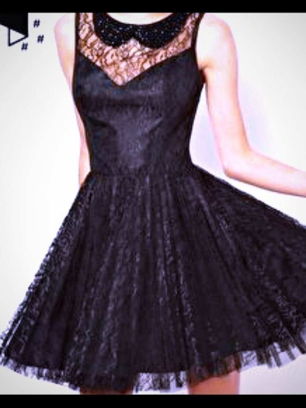Asos Black Lace Peter Pan Embellished Pleated Mini Dress